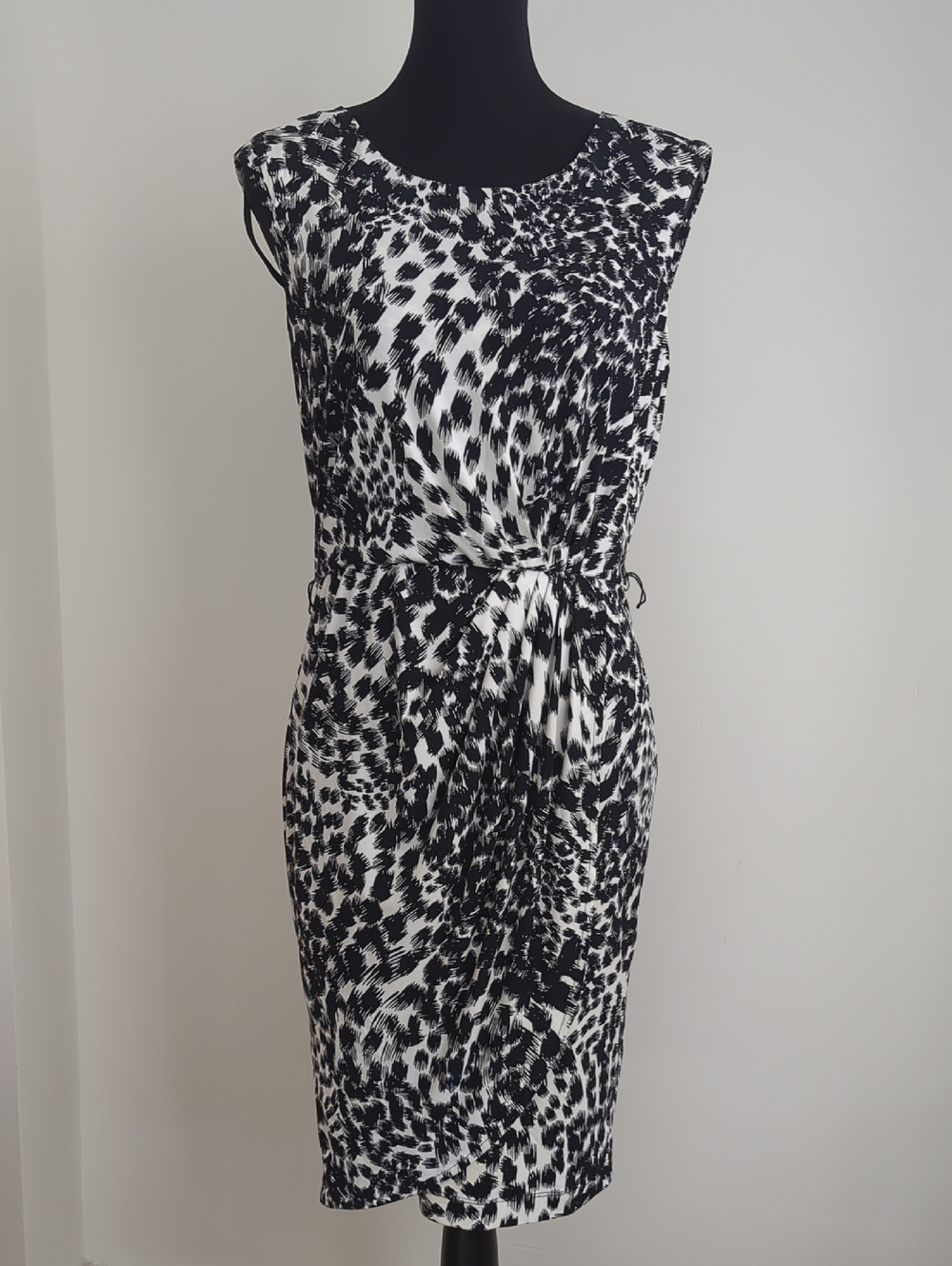 Calvin Klein Black White Leopard Print Front Knot Sheath Tulip Dress SIZE 8